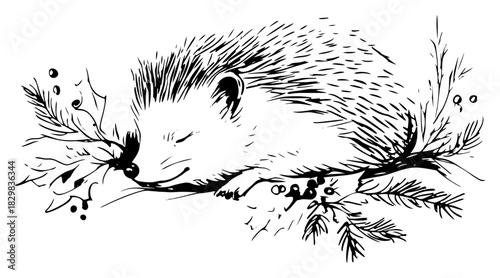 Hand-drawn vector sketch of a cute sleeping hedgehog resting among pine branches and berries for winter or christmas decoration