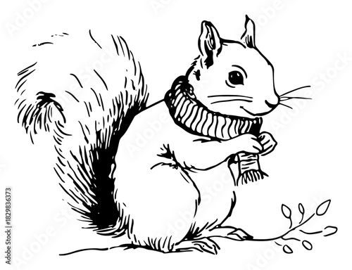 Hand-drawn vector sketch of a cute squirrel wearing a cozy knitted scarf ready for winter or autumn season