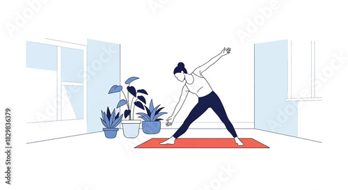 Woman performing yoga triangle pose in a bright room with plants