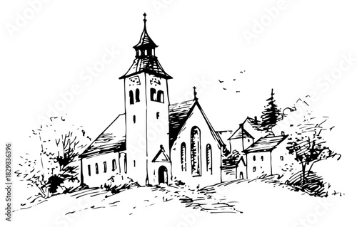 Historic countryside church with bell tower and village landscape – detailed black line-art vector illustration