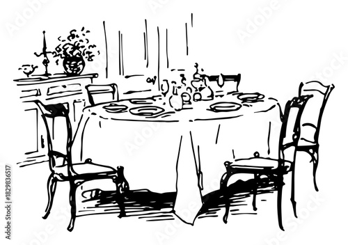 Hand drawn vector sketch of a classic dining room interior with a round table set for a family meal