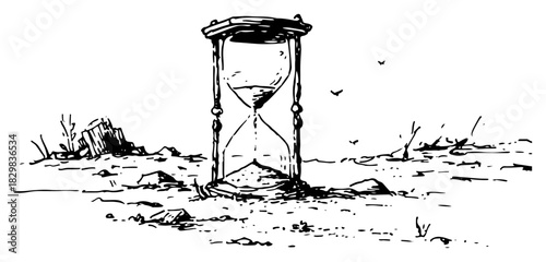 Hand drawn sketch of an old hourglass standing in a dry desert landscape vector illustration of passing time and countdown or deadline