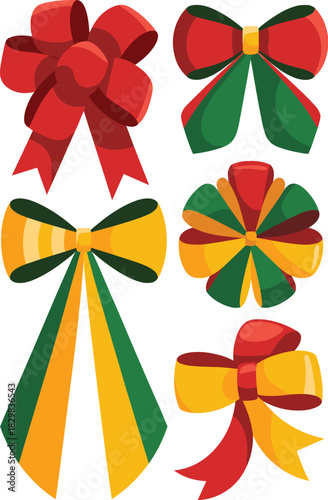 A vibrant vector illustration set featuring five colorful decorative gift bows and ribbons, including classic traditional red, green, and gold designs, perfect for wrapping presents and generating fes