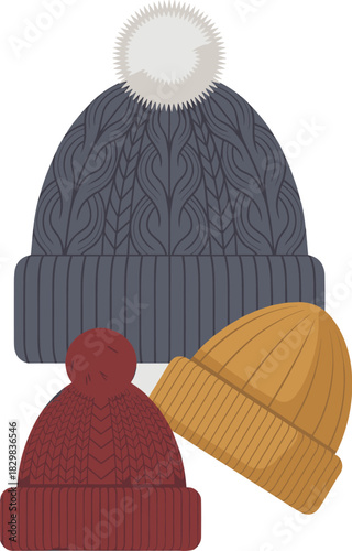 A stylish vector illustration featuring a cozy composition of three colorful knitted winter hats, including a large grey cable-knit beanie with a white pom-pom, a maroon hat with a pompom, and a musta