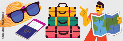 Cheerful young tourist pointing and holding a global destination map, enthusiastically preparing for an international summer vacation trip with stacked colorful vintage luggage, passport, documents, s