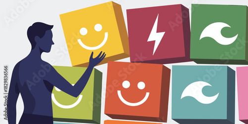 Minimalist vector art showing a silhouette individual selecting vibrant, multicolored cubes bearing positive symbols like happiness, power, and flow, illustrating strategic choice, emotional well-bein
