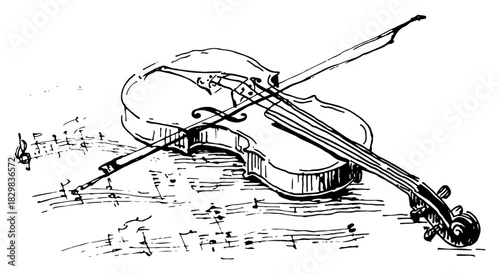 Hand drawn sketch of a classic violin with a bow lying on musical notes sheet vector illustration of classical music and melody