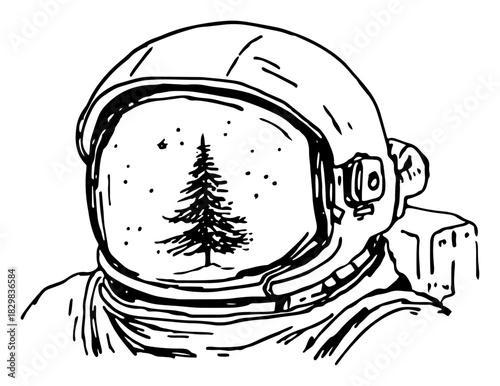 Hand drawn sketch of an astronaut helmet with a reflection of a christmas tree in the visor vector illustration of space holiday or cosmic winter