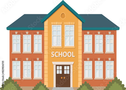 Two-Story Brick School Building Illustration with Many Windows