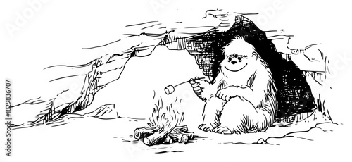 Yeti cooking hot dog at campfire inside mountain cave hand drawn vector illustration