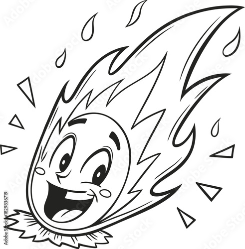 a cheerful cartoon character with flame-like hair and a big smile appears to be happy and moving forward. adorable cartoon creatures and elemental icons, four fluffy-haired heads