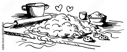 Love themed cookie dough with rolling pin and baking ingredients hand drawn vector illustration