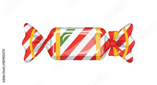 Assorted striped candy wrapped in colorful confectionery packaging with bright red, white, and yellow stripes.