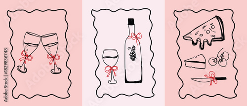 hand drawn sketch posters set. wine , glass and food . Italian or French vinery background, Restaurant, bar food and drink menu design elements. Vector illustration.