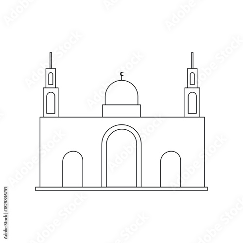 Black and white outline vector drawing of a mosque with a dome and two minarets. Line art illustration representing Islamic architecture, worship, and culture. Perfect for religious themes, icons