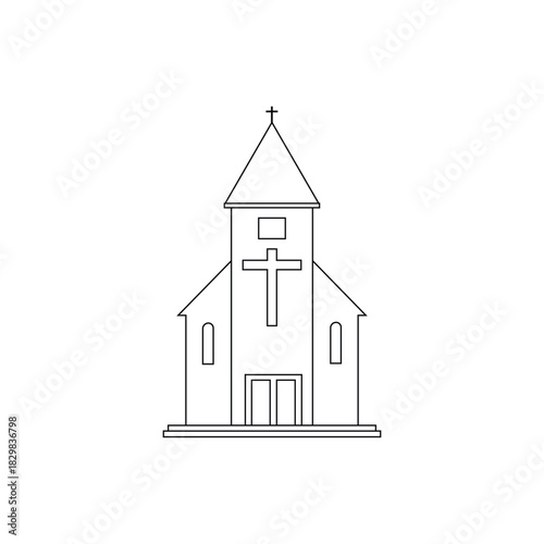 Black and white outline vector drawing of a simple church building with a prominent cross. Line art illustration representing a place of worship, spirituality, and religion. Ideal for icons, coloring 