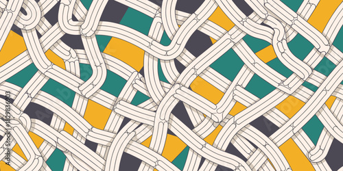 Seamless abstract pattern featuring complex interwoven creamy lines creating a stylized tangle over a background of bold geometric shapes in mustard yellow, deep teal, and slate gray, perfect for a vi