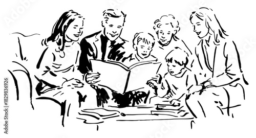Happy family reading storybook together at home vintage black line art vector illustration
