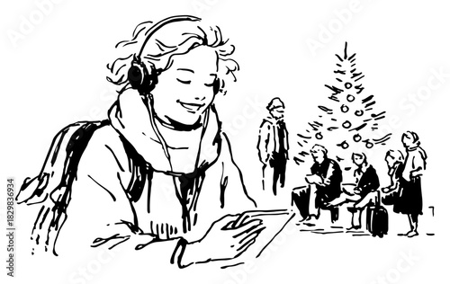 Hand-drawn vector sketch of a female traveler with a backpack and headphones waiting at an airport or station near a christmas tree