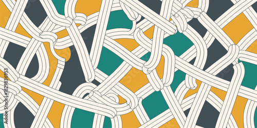 Abstract retro tangled pattern featuring continuous, overlapping three-dimensional cream ribbons weaving across a geometric background of teal, mustard yellow, and dark grey shapes, creating a complex