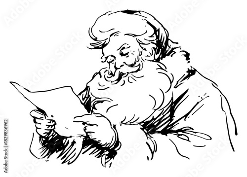 Santa Claus reading wish list letter festive black line art vector illustration