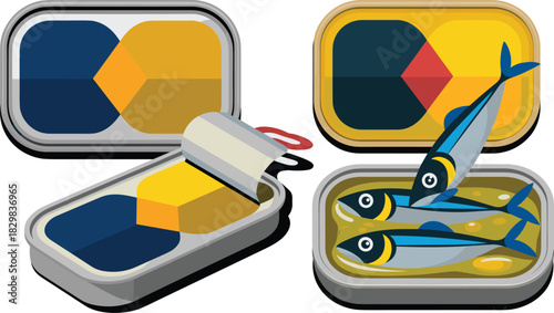 Professional vector illustration featuring gourmet canned seafood, depicting open and closed rectangular tins with modern geometric packaging design in blue and yellow colors, showing preserved sardin