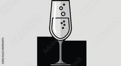 Minimalist illustration of a champagne flute on a dark platform set against a light gray background.