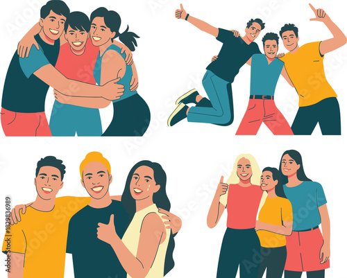 Happy diverse young friends group hugging, celebrating success and teamwork, smiling cheerfully and giving thumbs up, enjoying positive social relationships in a bright, modern flat vector illustratio