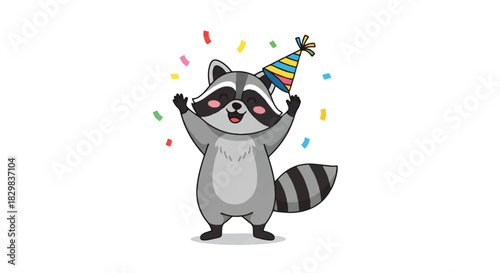 Playful cartoon raccoon wearing a party hat amid confetti in a cheerful celebration moment.