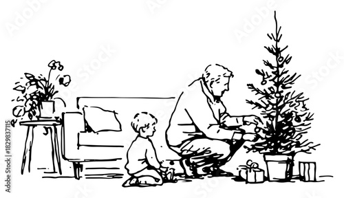 Hand drawn vector sketch of a father and child spending time together near a decorated christmas tree with gifts