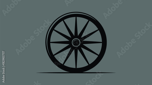 Classic black wagon wheel icon for vintage designs and rustic themes or transportation concepts with symbolic rotation and movement on gray background