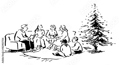 Hand drawn sketch of a happy family gathering around a christmas tree listening to stories vector illustration of holiday togetherness