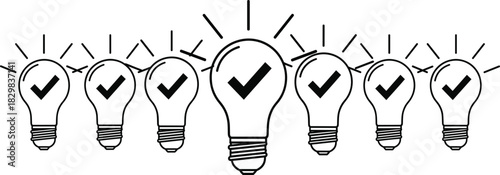 Line icons of lightbulbs with checkmarks symbolizing accepted ideas, successful execution, and innovation.Line icons of lightbulbs with checkmarks symbolizing accepted ideas, successful execution,