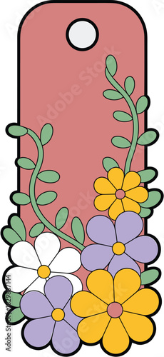 Groovy retro floral illustration of a vertical hang tag template with a hole punch, featuring stylized yellow, white, and lavender daisy blossoms and green vines on a muted dusty pink background, a vi
