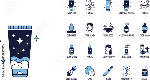 Flat line icons for a complete beauty and personal care routine, including cream, serum, and masks.