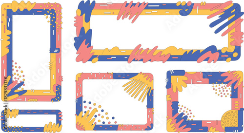 Vibrant abstract geometric Memphis style frame and border design collection featuring a maximalist composition of bold colorful shapes, scribbles, and organic splatters in blue, yellow, and coral pink