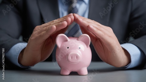 Hands protecting pink piggy bank on desk
