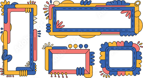 Modern abstract frame border set featuring playful organic shapes and geometric elements in a vibrant, bold blue, yellow, and coral color palette, useful for contemporary presentation backgrounds, edu