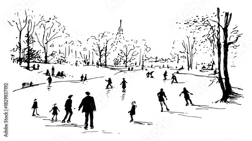 Hand drawn sketch of people ice skating on a frozen lake or rink in the park vector illustration of winter sports and outdoor activity