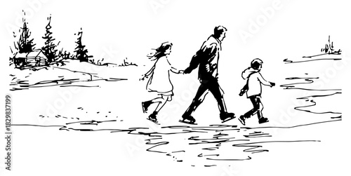 Hand-drawn vector sketch of a happy family holding hands while ice skating on a frozen lake near a cabin and pine trees in winter