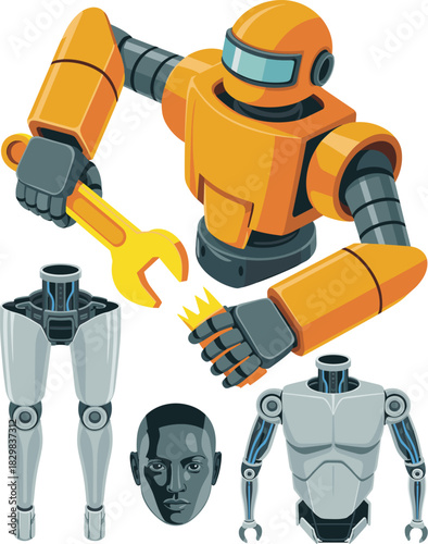 Detailed orange mechanical robot bust performing futuristic maintenance with a yellow wrench, surrounded by disassembled artificial intelligence (AI) android parts, including bionic legs, gray torso,
