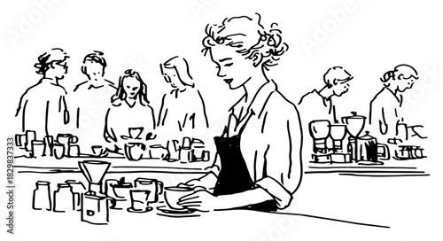 Barista woman preparing coffee behind cafe counter with customers hand drawn vector illustration