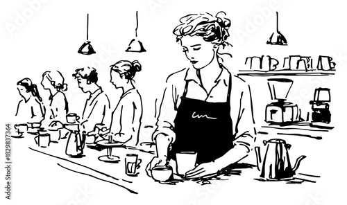 Barista serving hot drinks at busy coffee shop counter hand drawn vector illustration