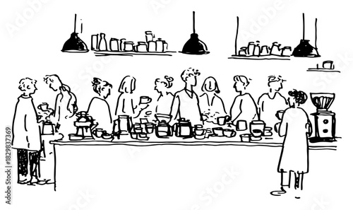 Hand drawn vector sketch of a busy coffee shop interior with people standing at the counter and a barista making drinks