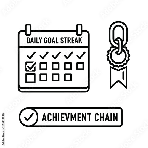 Daily goal streak calendar with achievement chain concept, success and progress tracking outline icon set