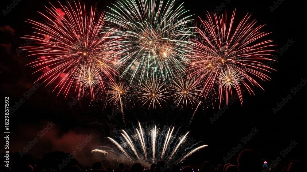 Fototapeta premium A vibrant display of fireworks bursts in the night sky, illuminating the darkness with colorful explosions and a crowd watching below.