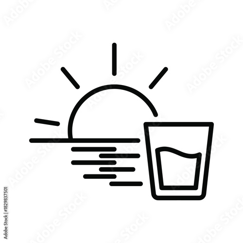 Sunrise over water with a glass of water line icon. morning refreshment and hydration concept.