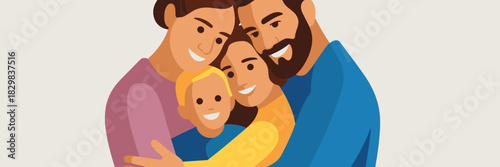 A diverse, caring nuclear family portrait featuring parents and children happily embracing, symbolizing love, security, and togetherness, rendered in a modern flat vector illustration style for contem