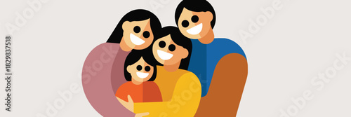 Joyful family togetherness concept featuring four people, two parents and two children, embracing in a tight, protective hug, symbolizing security and supportive relationships. Modern flat design illu