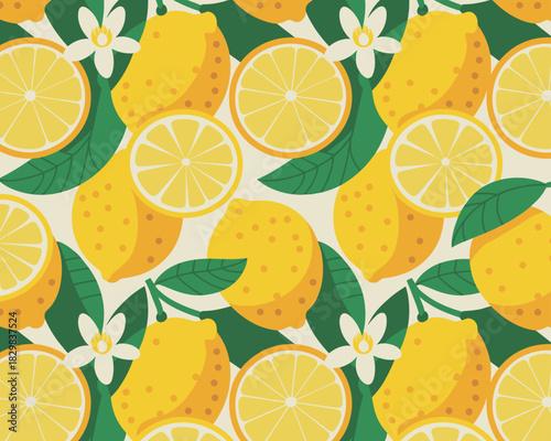 Refreshing vibrant citrus lemon fruit seamless pattern background texture, featuring bright yellow whole lemons, juicy slices, white blossoms, and dark green leaves, a modern flat illustration for dec